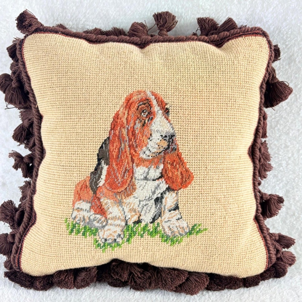 Vintage Basset Hound Needlepoint Pillow Tassel Fringe Brown Velvet Back 11x11